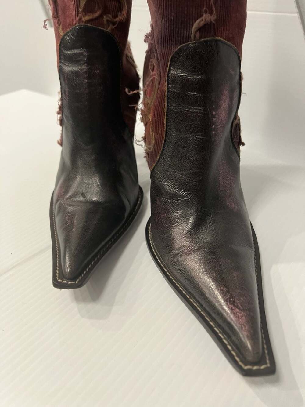 Vintage  Italian Artisan Distressed Corduroy and Leather Pointed Toe Boots - Picture 3 of 7